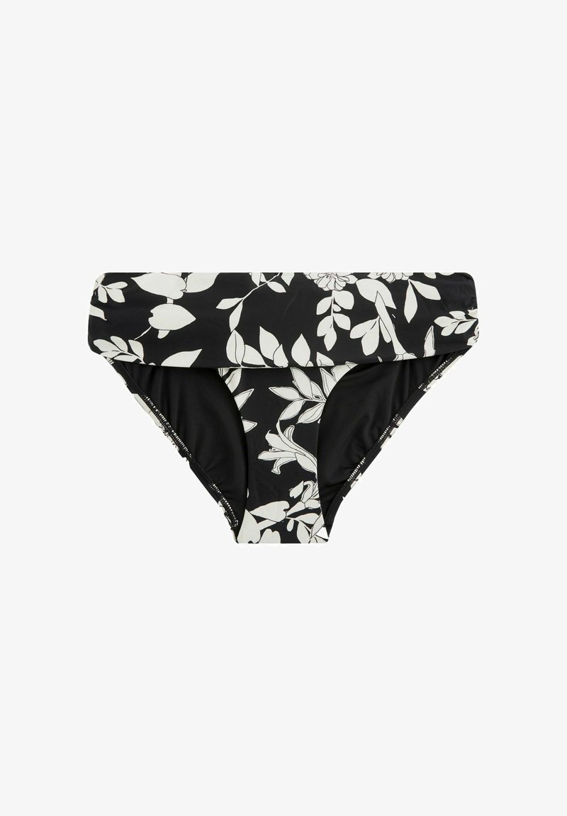 Parte inferior de bikini negra con patrón floral blanco, con un diseño de doblez y textura suave. La tela es elástica y ligera.