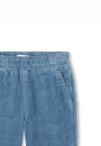 Pantalon en velours côtelé bleu avec des rayures verticales, taille élastique et poches latérales, offrant une texture douce et une coupe décontractée.