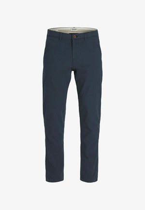 Navy chinos lavet af bomuldsstof med en lige pasform, der har en enkelt knaplukning, frontlommer og opfoldede søm.