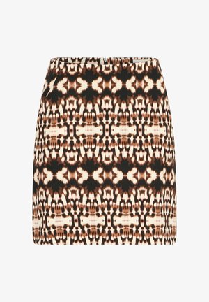 Mini krilo v črno-belih vzorcih z tesnim prileganjem, ki vsebuje abstrakten tisk, gladko teksturo in skrit zadrgo na hrbtni strani.