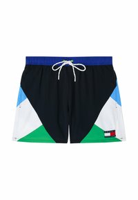 Shorts de bain avec un design en blocs de couleurs noir, bleu, blanc et vert, dotés d'une taille élastique à cordon de serrage et de poches latérales. Le matériau est léger.