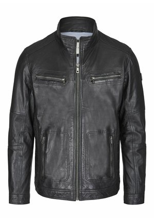 Juodas odinis švarkas su užtrauktuku, aukštu apykakle, keturiais užtrauktukais uždaromais kišenėmis ir pečių siūlėmis. Glotni tekstūra su subtiliais siuvinėjimo akcentais.