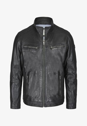 Juodas odinis švarkas su užtrauktuku, aukštu apykakle, keturiais užtrauktukais uždaromais kišenėmis ir pečių siūlėmis. Glotni tekstūra su subtiliais siuvinėjimo akcentais.