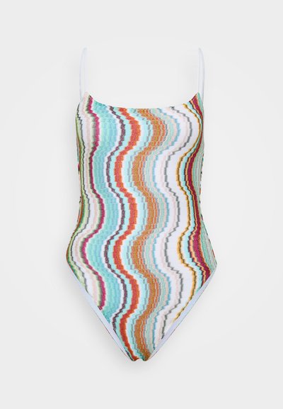 Enodelni kopalni kostim z barvitim valovitim vzorcem v aqua, beli, oranžni in rožnati barvi. Tanke naramnice in gladka tekstura.