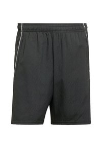 Pantaloncini atletici neri con vita elastica, tasche laterali e dettagli in piping bianco, caratterizzati da un delicato motivo a texture.