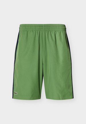 Grüne Sportshorts mit elastischem Bund und schwarzen Seitenstreifen, mit einem kleinen Krokodil-Logo nahe dem linken Saum.