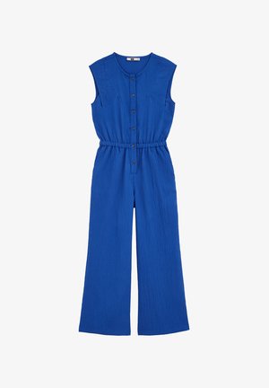 Tuta senza maniche blu realizzata in tessuto strutturato. Presenta una chiusura frontale con bottoni, vita elastica e design a gamba larga.