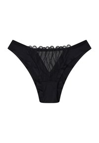 Czarne stringi z koronkowym panelem z przodu, falbaniastymi brzegami i gładkim tyłem o minimalistycznym designie.