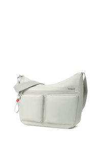 Sac à épaule gris clair avec deux poches avant, fermeture éclair et sangle réglable, présenté sur fond blanc.
