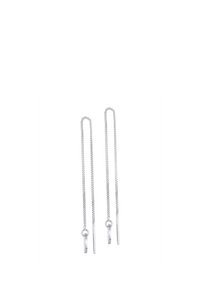 Orecchini a catena in argento con design lunghi, sottili e dritti, arricchiti da accenti circolari alle estremità. Texture liscia con una finitura lucida.