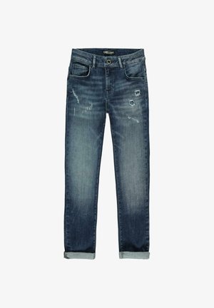Donkerblauwe jeans met omgeslagen zoom, vervaagde delen en versleten plekken aan de voorkant van de dijen, voorzien van voor- en achterzakken en een knoopsluiting.