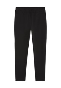 Zwarte leggings van rekbare stof, met een gladde textuur, een elastische tailleband en een getailleerd silhouet zonder zichtbare patronen of hardware.