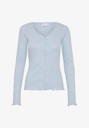 Šviesiai mėlynas kardiganas su ilgomis rankovėmis, linksma tekstūra, V formos iškirptė, sagų frontu ir banguotu apvadu bei rankogaliais. Minkštas medvilnės mišinio audinys.