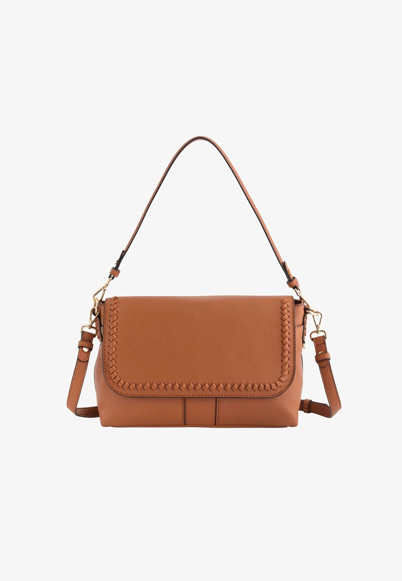 Tan leather handbag with a braided edge detail, a smooth texture, adjustable strap, and gold-tone hardware. Rectangular shape.