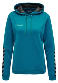 Teal hoodie med texturerad tyg, grå foder och justerbar dragsko. Har svarta och silvriga chevronränder på ärmarna. Hummel-logotypen visas.