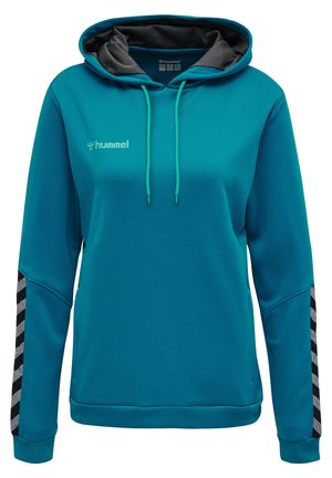 Türkiser Hoodie aus strukturiertem Stoff, mit grauem Innenfutter und verstellbarem Kordelzug. Seitlich schwarz-silberne Chevron-Streifen an den Ärmeln. Hummel-Logo aufgebracht.