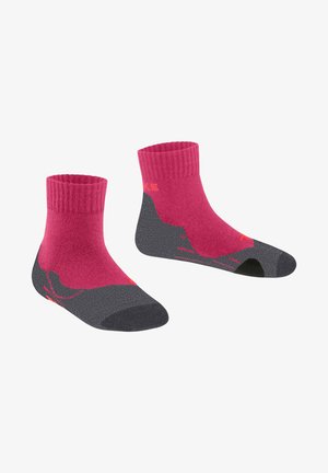 Calzini per bambini con una parte superiore rosa, tallone e punta grigia rinforzati, con dettagli arancioni e un bordo a coste, progettati per il comfort e la vestibilità.
