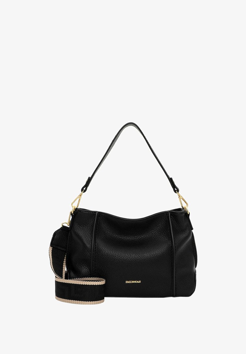 Must nahast käekott tekstuurse viimistlusega, kuldsete detailidega, ülaosas käepidemega ja eemaldatava triibulise õlarihmaga.