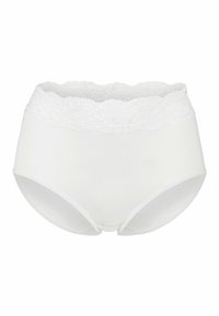 Białe damskie majtki z wysokim stanem, szerokim pasem z kwiatowej koronki i gładkim materiałem.
