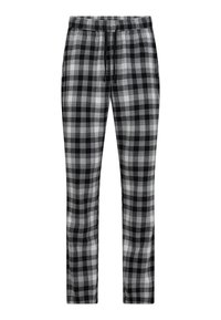 Black, white, and gray plaid pajama pants with an elastic waistband and black drawstring, displayed on a white background.