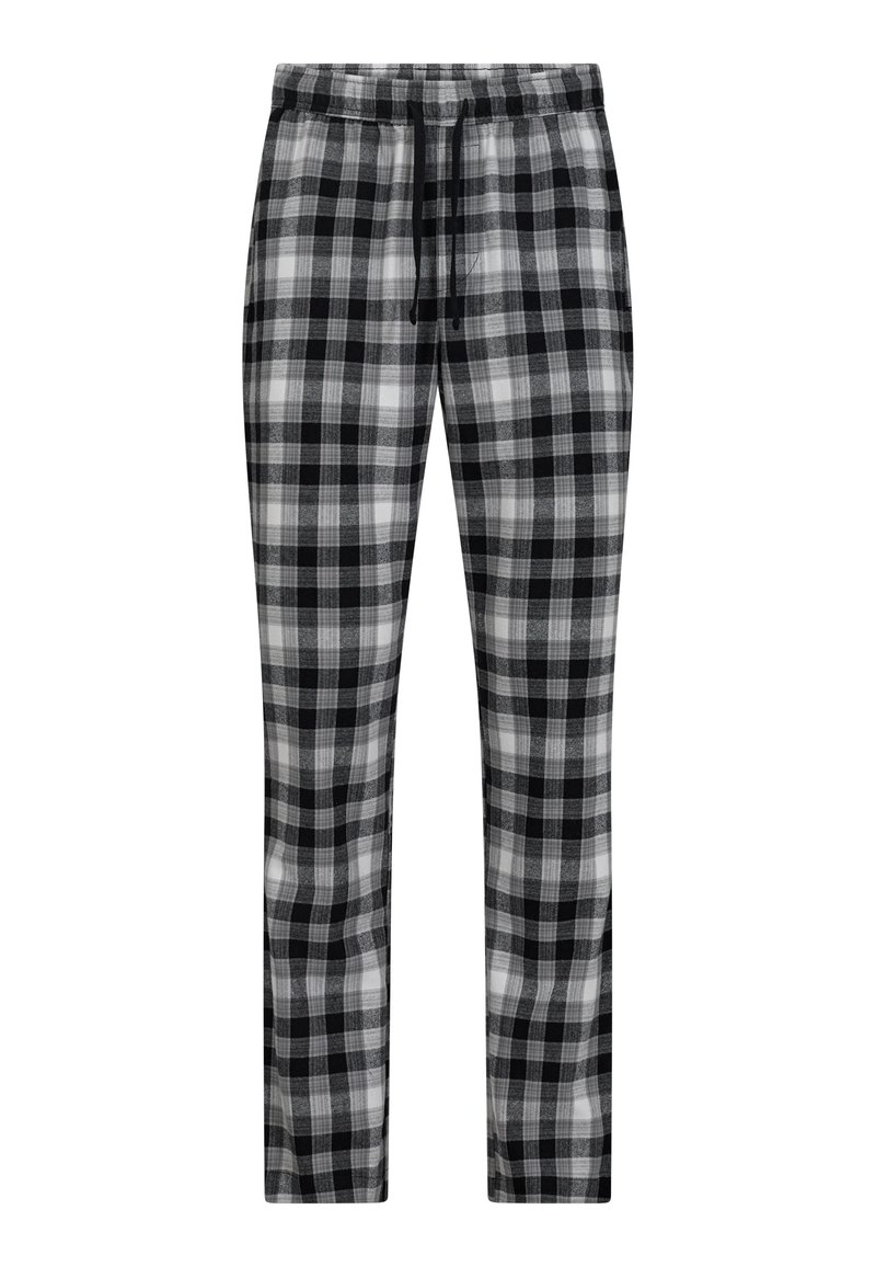 Black, white, and gray plaid pajama pants with an elastic waistband and black drawstring, displayed on a white background.
