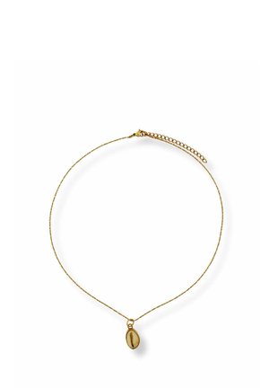 Feine goldene Kettenhalskette mit verstellbarem Verschluss und einem kleinen ovalen Anhänger mit einer natürlichen Kaurimuschel.