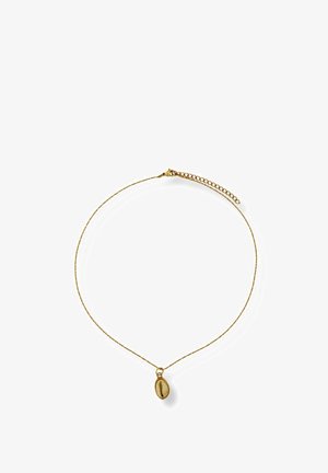Feine goldene Kettenhalskette mit verstellbarem Verschluss und einem kleinen ovalen Anhänger mit einer natürlichen Kaurimuschel.