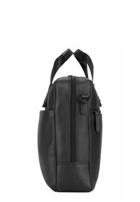 Schwarze Ledertasche mit zwei oberen Griffen, Reißverschluss und Seitenfach. Verfügt über eine glatte Textur und eine strukturierte Form.