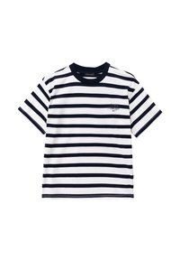 Camiseta de manga corta a rayas en algodón blanco y azul marino. Presenta un cuello redondo, un corte relajado y un pequeño logo bordado en el pecho.