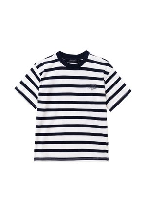 Camiseta de manga corta a rayas en algodón blanco y azul marino. Presenta un cuello redondo, un corte relajado y un pequeño logo bordado en el pecho.