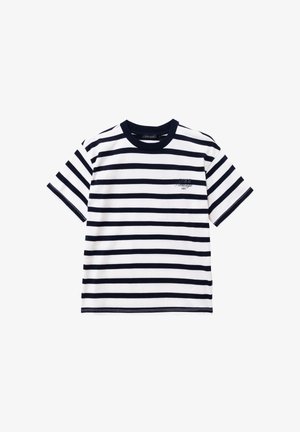 T-shirt à manches courtes rayé en coton blanc et bleu marine. Il possède un col rond, une coupe décontractée et un petit logo brodé sur la poitrine.