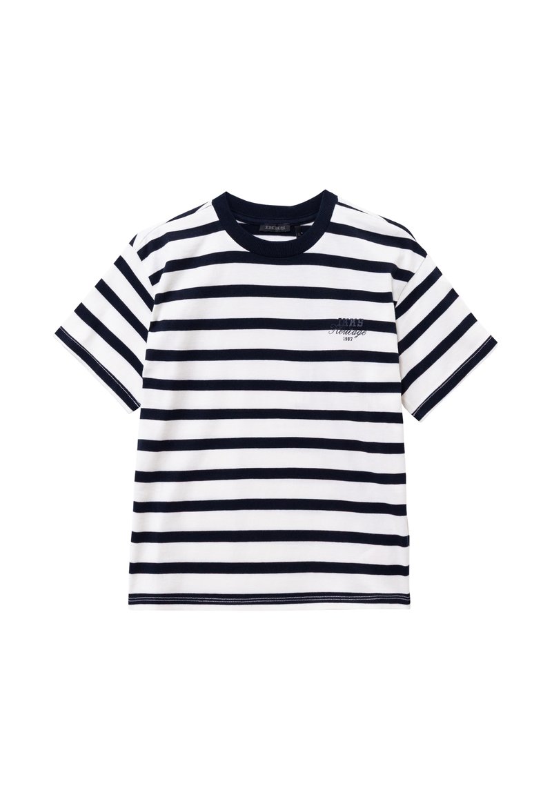 Camiseta de manga corta a rayas en algodón blanco y azul marino. Presenta un cuello redondo, un corte relajado y un pequeño logo bordado en el pecho.