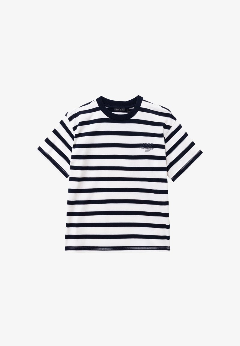 Camiseta de manga corta a rayas en algodón blanco y azul marino. Presenta un cuello redondo, un corte relajado y un pequeño logo bordado en el pecho.