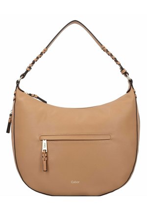 Sac à bandoulière en cuir tan avec une forme légèrement courbée, des accents de sangle tressée et une poche zippée sur le devant. Logo détaillé à l'avant.