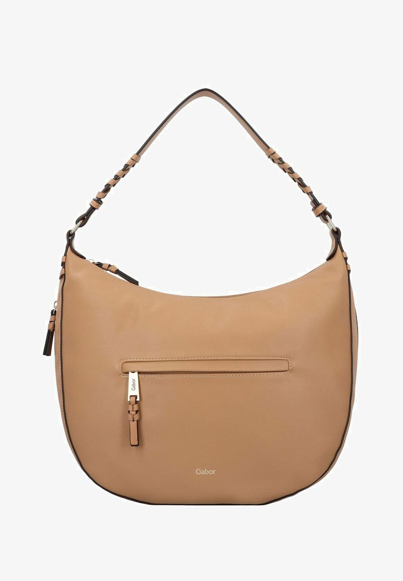 Sac à bandoulière en cuir tan avec une forme légèrement courbée, des accents de sangle tressée et une poche zippée sur le devant. Logo détaillé à l'avant.