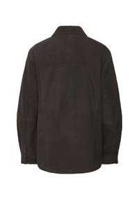 Mørkebrun ruskindsjakke med standard krave, lange ærmer og en afslappet pasform. Ingen synlige lukninger eller lommer på ryggen.