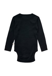 Svart långärmad ribbad body med tryckknappar i botten, med rund halsringning och elastiska sidor för en tight passform.