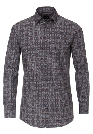 Herren Langarm-Hemd mit Knopfleiste und dunklem geometrischem Blumenmuster in Rot-, Grau- und Schwarztönen, mit spitzem Kragen.