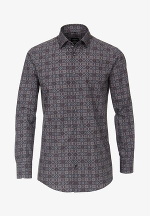 Camicia da uomo a maniche lunghe con bottoni, motivo floreale geometrico scuro in tonalità di rosso, grigio e nero, con colletto appuntito.
