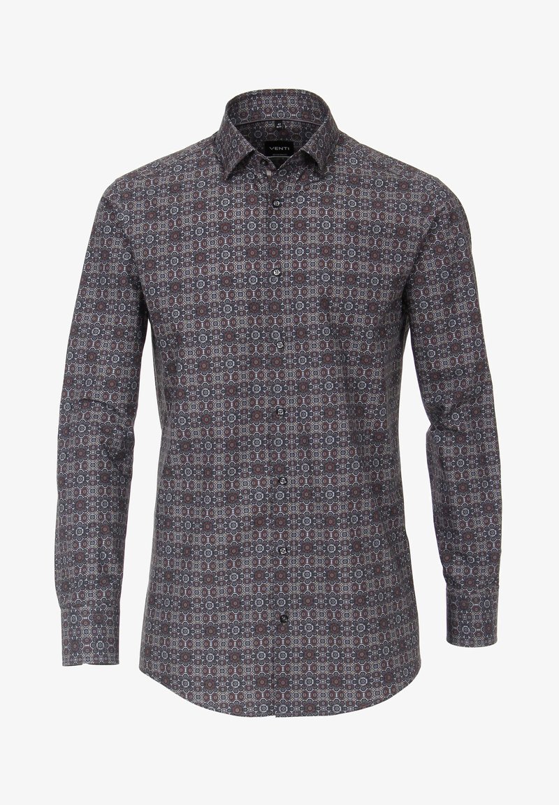 Chemise homme à manches longues boutonnée, motif floral géométrique sombre dans des tons rouges, gris et noirs, avec un col pointu.