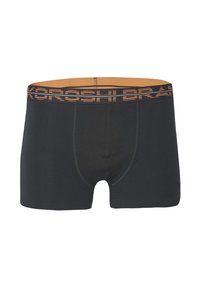 Boxers negros con una cinturilla elástica naranja que presenta el nombre de la marca. Tejido suave con un diseño ajustado y una longitud de pierna corta.