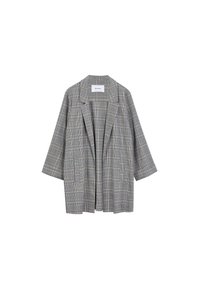 Grijs geruit mantel met een losse pasvorm, revers met inkeping en driekwart mouwen. Gemaakt van een zachte stof met een gladde textuur.