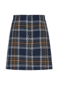 Jupe mini à carreaux navy en tissu texturé, présentant des lignes blanches, vertes et orange dans un motif à carreaux, avec une coupe droite et une fermeture éclair cachée.
