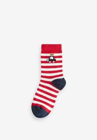 Rot-weiße gestreifte Socke mit einem marineblauen Zehen- und Fersenbereich. Enthält ein kleines schwarzes Taxi-Graphic nahe dem Bündchen. Hergestellt aus einem weichen, dehnbaren Material.