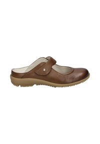 Brown leather clog with a rounded toe, adjustable strap, and rubber sole. Smooth texture and minimal stitching detail.