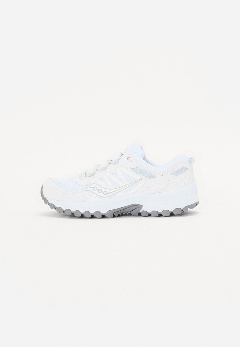 White running shoe with mesh upper and synthetic accents, featuring a textured gray sole, rounded toe, and three stripe design on the side.