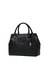 Borsa a mano in pelle nera con due manici, logo impresso, dettagli in hardware dorato e finitura texturizzata. Chiusura con cerniera e dettaglio portachiavi.