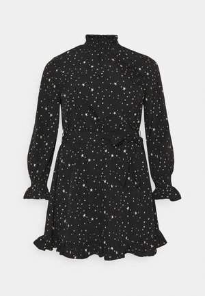 HIGH NECK TIE WAIST FRILL SKATER DRESS - Denní šaty - black