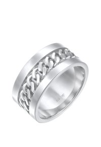 Silvring med kedjelänkdesign i mitten, med polerade kanter och en texturerad ring. Stämplad med "925" som indikerar sterlingsilver.