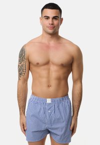 Světlé modro-bílé kostkovan é boxerky s elastickým pasem a předním knoflíkovým zapínáním, vyrobené z jemné bavlny.